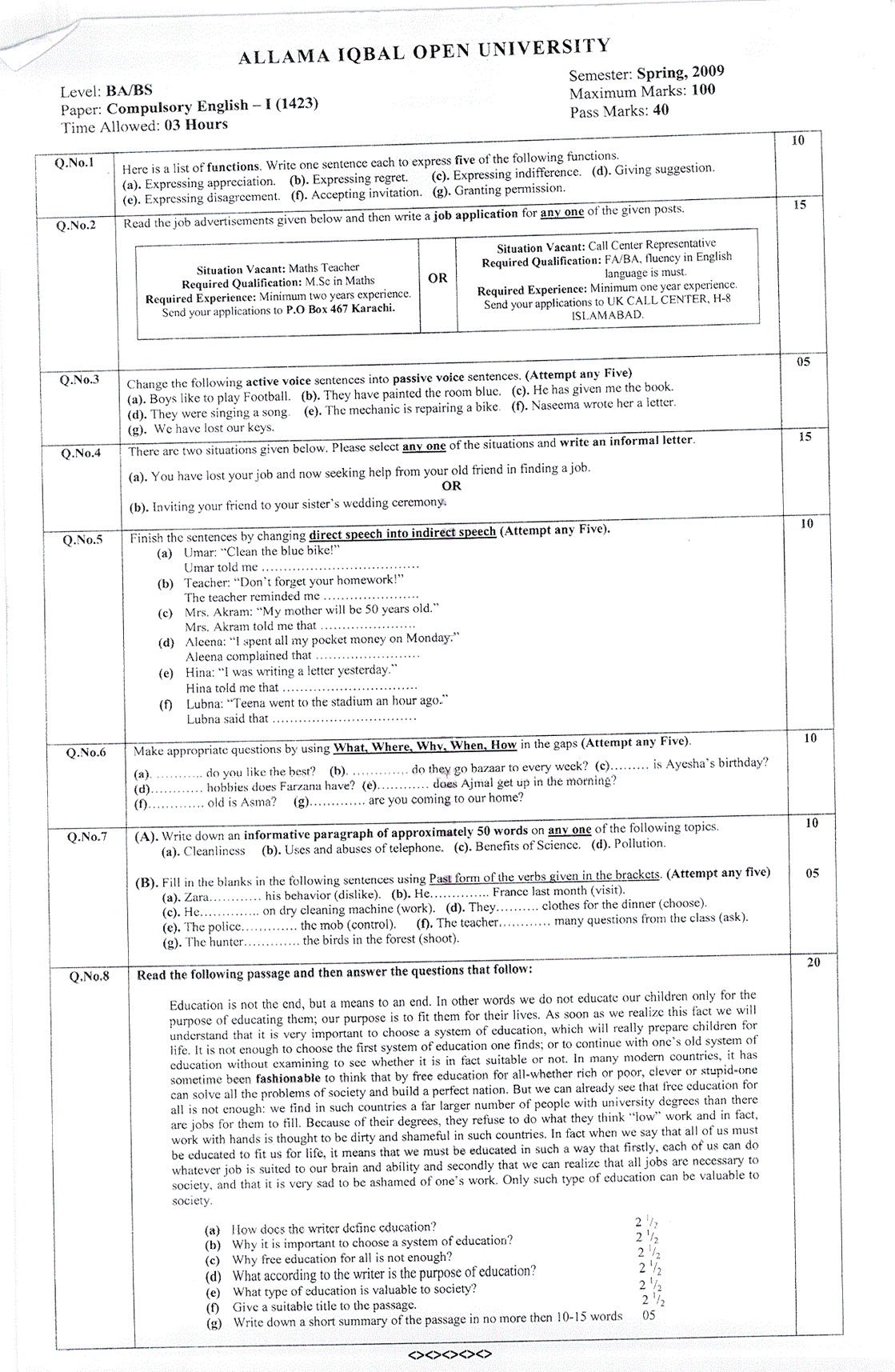 AIOU Old Papers of Code 1423 English for B.A / BS